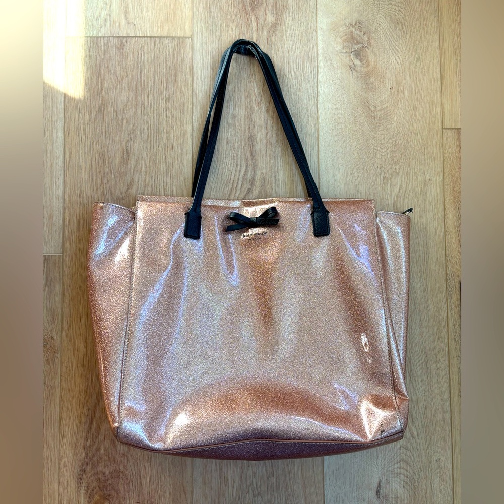 Kate Spade Mavis Street Taden Tote Rose Gold Glitter Handbag. 13”wide x 12”tall